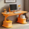 3d illustration of an orange desk with a computer and stationery Royalty Free Stock Photo