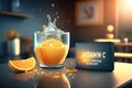 3D illustration of an orange flavored Vitamin C effervescent tablet dissolving in a cup of water