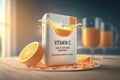 3D illustration of an orange flavored Vitamin C effervescent tablet dissolving in a cup of water