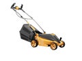 3d illustration of orange professional electric lawnmower with grass box on white background no shadow