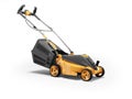 3d illustration of orange professional electric lawnmower with grass box on white background with shadow