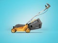 3d illustration of orange professional electric lawnmower with grass catcher side view on blue background with shadow