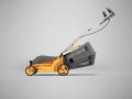 3d illustration of orange professional electric lawnmower with grass catcher side view on gray background with shadow