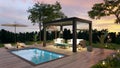 3D illustration of outdoor wooden deck with black pergola at sunset