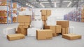 3D Illustration packages delivery, parcels transportation system concept, heap of cardboard boxes in middle of the