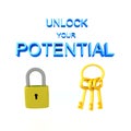 3D illustration of a padlock with keys and the text Unlock potential