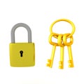 3D illustration of a padlock next to a golden keychain