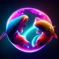 3d illustration of a pair of fish on a background of the moon. AI generated