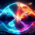 3d illustration of a pair of fish in a circle with neon light generative AI