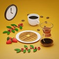 3d illustration of pancake, strawberry, tea, coffee beans, cup, and a clock on orange background