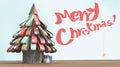 3D Illustration of a paper christmas tree, with presents on wood floor and christmas wishes.