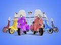 3d illustration parking group of scooter on blue background with shadow