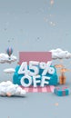45 Forty five percent off 3d illustration in cartoon style. Discount concept. Vertical image with copy space.