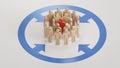 3D illustration of pawns inside a red circle segmented in four parts with the words demographic, geographic, behavioural