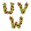 3D illustration of Peony flowers alphabet - letters U-W