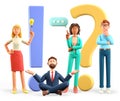 3D illustration of people with huge exclamation and question marks in support center. Multicultural women and men asking questions Royalty Free Stock Photo