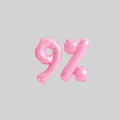 3d illustration of 9 percent pink balloons isolated on background