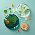 3d illustration of petri dishes with plants and flowers on blue background