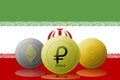 3D illustration PETRO,ETHEREUM,BITCOIN,cryptocurrency with IRAN flag on background