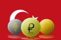 3D illustration PETRO,ETHEREUM,BITCOIN,cryptocurrency with TURKEY flag on background