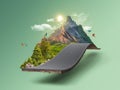 3d illustration of piece of green land isolated, creative travel and tourism off-road design trees. unusual illustration