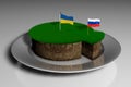 3D illustration a piece of land with green grass and the stuck flag of Ukraine and Russia