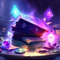3d illustration of a pile of books and magic crystal in the dark AI Generated