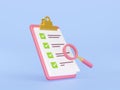 3D illustration pink magnifying glass, checklist