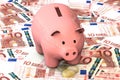 3d illustration: Pink piggy bank with copper coin cents lie on the background of banknote ten Euro, European Union. Money. Banking Royalty Free Stock Photo