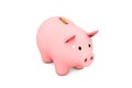 3d illustration: Pink piggy bank with golden copper coin on a white isolated background