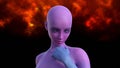 3d illustration of a pink skinned bald female alien with head tilted down