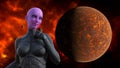 3d illustration of a pink skinned bald female alien with opaque eyes next to a red planet