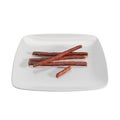 3D illustration of a plate with sausages isolated on white background