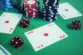 3D illustration playing chips, cards and money for casino game on green table. Real or Online casino concept. Royalty Free Stock Photo