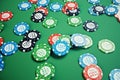 3D illustration playing chips, cards and money for casino game on green table. Real or Online casino concept.