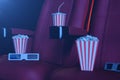 3D illustration with popcorn, 3d glasses and chairs, with blue light. Concept cinema hall and theater. Red chairs in the