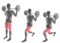 3d illustration of the positions sequence of alternate front lunges with barbell on white background