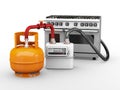 3d illustration of propane cylinders with gas meter and gas stove isolated white