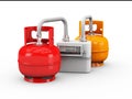 3d illustration of propane cylinders with gas meter isolated white