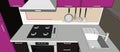 3d illustration of purple and brown kitchen corner with appliances