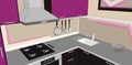 3D illustration of purple and brown kitchen corner with fume hood, gas hob, sink and wall pot rack