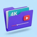 3D Purple Folder with 4K Video Content and Play Button Icon image photo Royalty Free Stock Photo