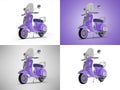 3D illustration of purple group of scooters in the city of different colors