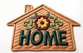 3d illustration of quilted home embroidered house home shape design mat featuring a flower design and word text