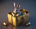 3 d illustration of rabbit with eggs and golden easter bunny inside a basket. holiday, celebration, easter.