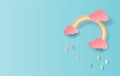 3D illustration of Rainbow in the rainy colorful season. Paper cut design for clouds and rainbow in rain time.Creative idea paper