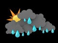 3d illustration of Rainclouds and Sun with water drops on black background. Royalty Free Stock Photo