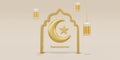 3D illustration of the Ramadan Kareem celebration with lantern, moon, stars and mosque ornaments with gold background
