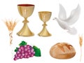 3d illustration realistic isolated christian symbols: golden chalice with wine, dove, grapes, bread, ear of wheat Royalty Free Stock Photo