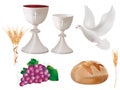 3d illustration realistic isolated christian symbols: white chalice with wine, dove, grapes, bread, ear of wheat Royalty Free Stock Photo